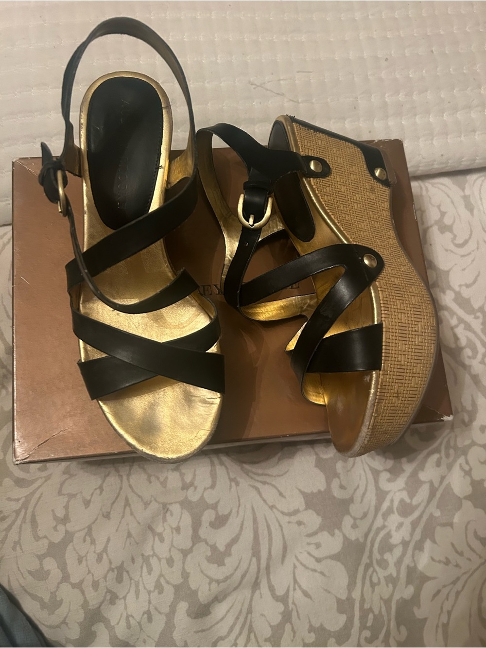 Audrey Brooke Black Strappy Wedge Sandals with Gold Footbed
